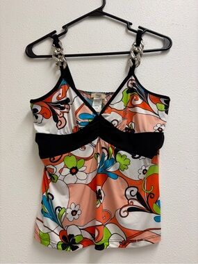IZZY Floral Print Chain-Strap Tank Top - Black Trim Large